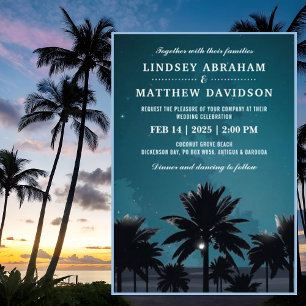 Invitation Tropical Beach Night Palm Tree Lights Mariage