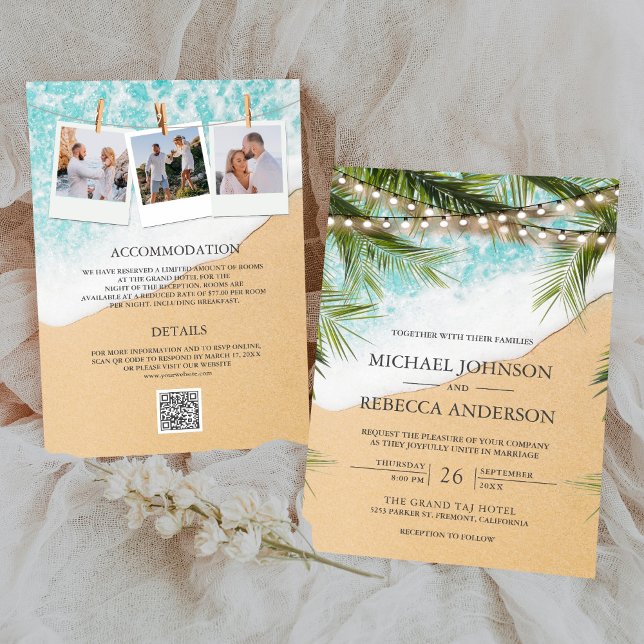 Invitation Tropical Beach Palm Lights Photo QR Code Mariage (Créateur téléchargé)