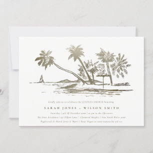 Invitation Tropical Beach Palm Sketch Gold Couples Douche