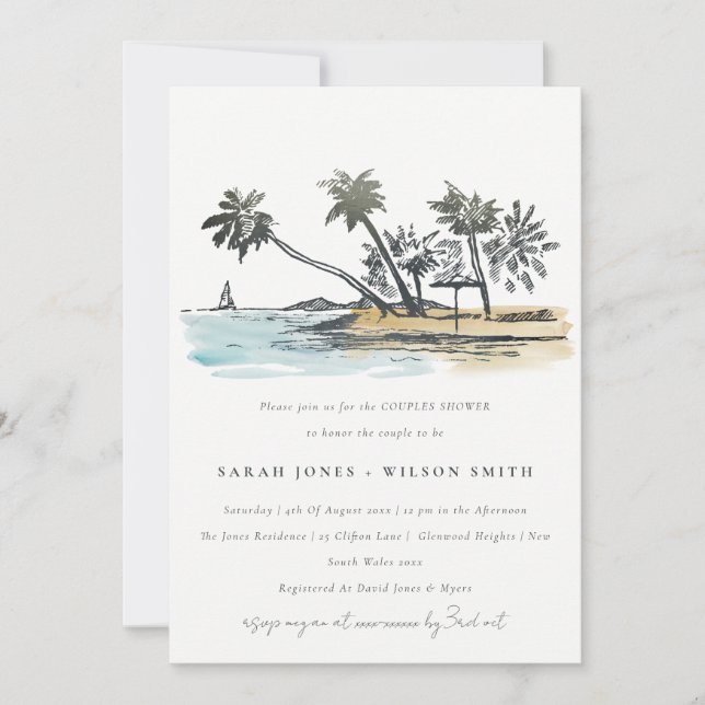 Invitation Tropical Beach Palm Tree Sketch Couples Douche (Devant)