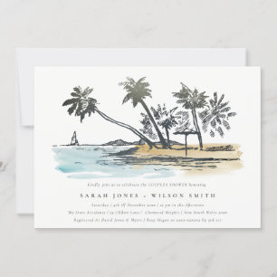 Invitation Tropical Beach Palm Tree Sketch Couples Douche