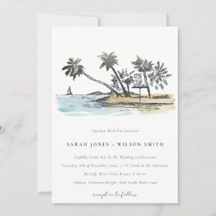 Invitation Tropical Beach Palm Tree Sketch Mariage d'aquarell