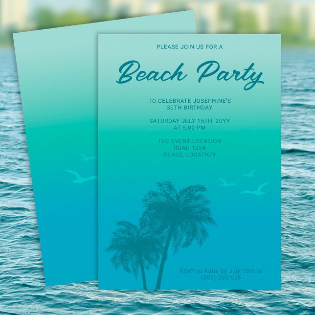 Invitation Tropical Beach Party Aqua Blue Palm Trees Annivers (Créateur téléchargé)