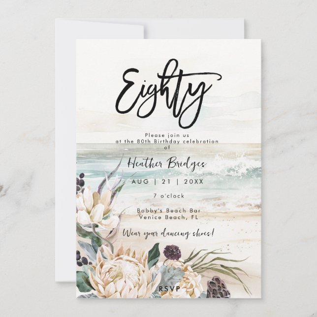 Invitation Tropical beach protéa 80e anniversaire invitati (Devant)
