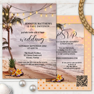 Invitation Tropical Beach String Lights QR Code Mariage