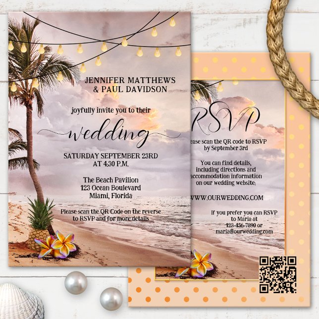 Invitation Tropical Beach String Lights QR Code Mariage (Créateur téléchargé)