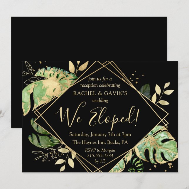 Invitation Tropical Black and Gold Nous avons Elopé Réception (Devant / Derrière)