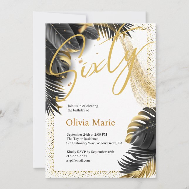 Invitation Tropical Black and Gold Soixante-dixième anniversa (Devant)