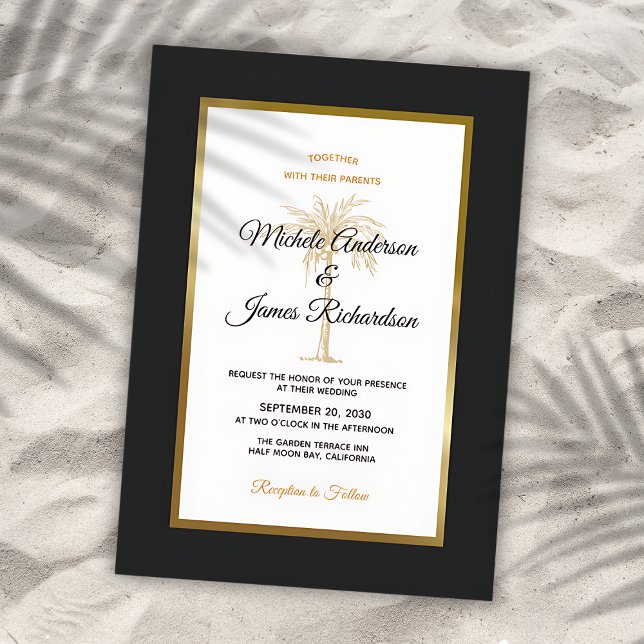 Invitation Tropical Black Gold Palm Tree Mariage moderne (Tropical Black Gold Palm Tree Modern Wedding Invitation)