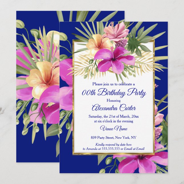 Invitation Tropical Blue violet rose Hibiscus Floral Party (Devant / Derrière)