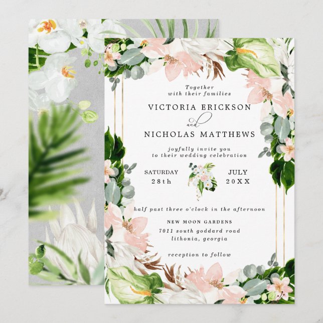 Invitation Tropical Blush Rose Blanc Floral Mariage (Devant / Derrière)