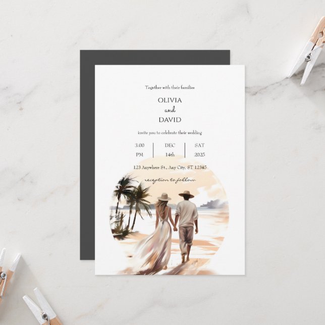 Invitation Tropical Bohemian Sunset Beach Couple Mariage (Devant/Arrière en situation)