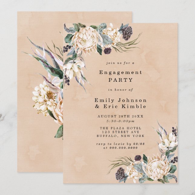 Invitation Tropical Boho White Protea Engagement Party Invita (Devant / Derrière)