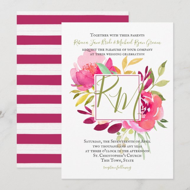 Invitation Tropical Bright Rose Carré cadre Monogramme (Devant / Derrière)