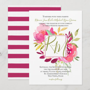 Invitation Tropical Bright Rose Carré cadre Monogramme