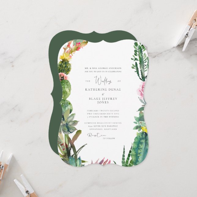 Invitation Tropical Cactus Emerald Green Mariage (Devant/Arrière en situation)