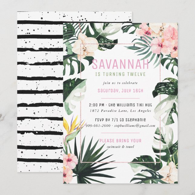 Invitation Tropical Chic | Fête d'anniversaire de Monstera Ex (Devant / Derrière)