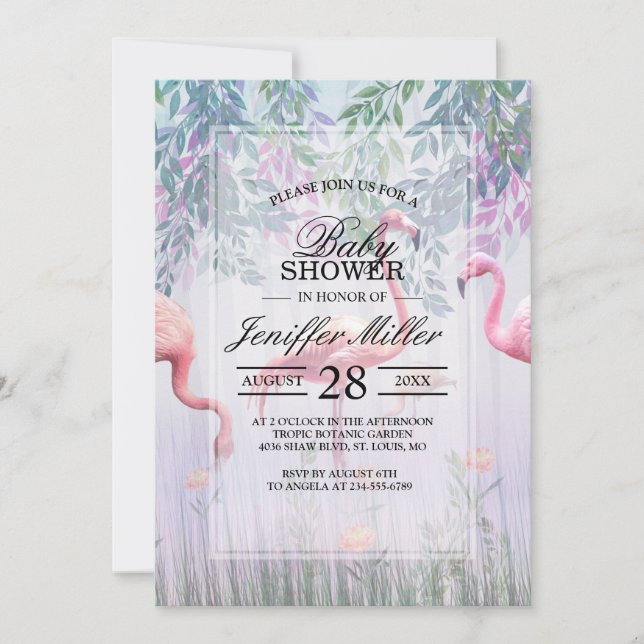 Invitation Tropical Cute Family Flamants roses Rose Aquarelle (Devant)