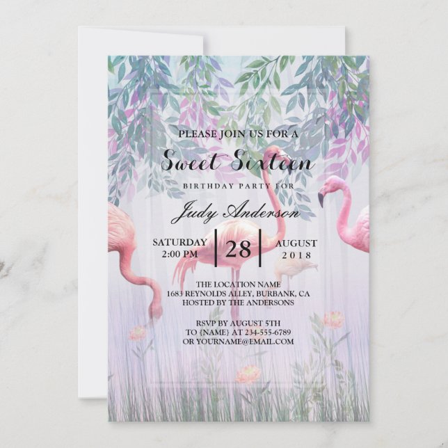 Invitation Tropical Cute Family Flamants roses Roses Aquarell (Devant)