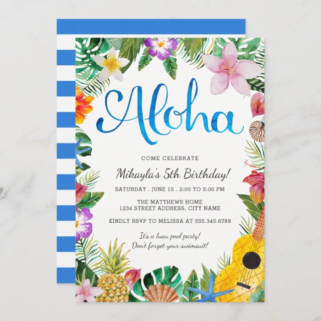 Invitation tropical de fête d'anniversaire de Luau (Devant / Derrière)