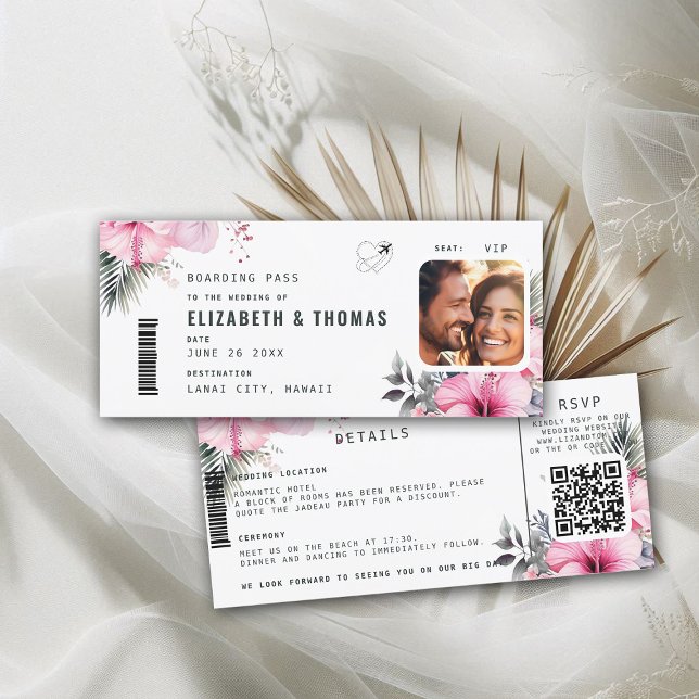Invitation Tropical Destination Boarding Pass Floral Mariage (destination wedding invitation tropical hawaii boarding pass hibiscus floral pink watercolor)