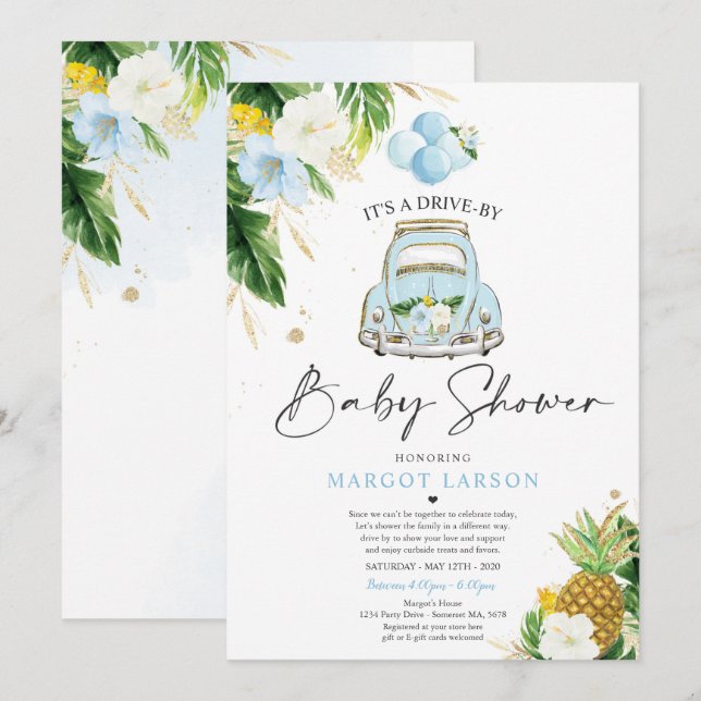 Invitation Tropical Drive By Baby shower Pineapple Drive Thru (Devant / Derrière)