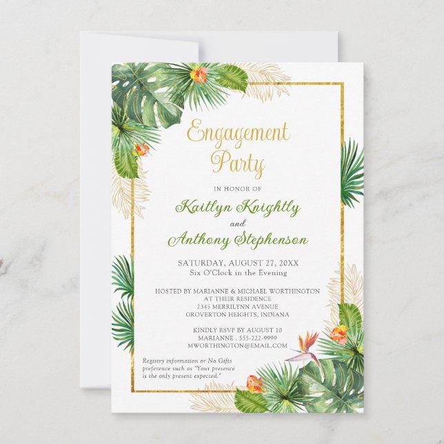 Invitation Tropical Engagement Party Floral Gold Budget (Devant)