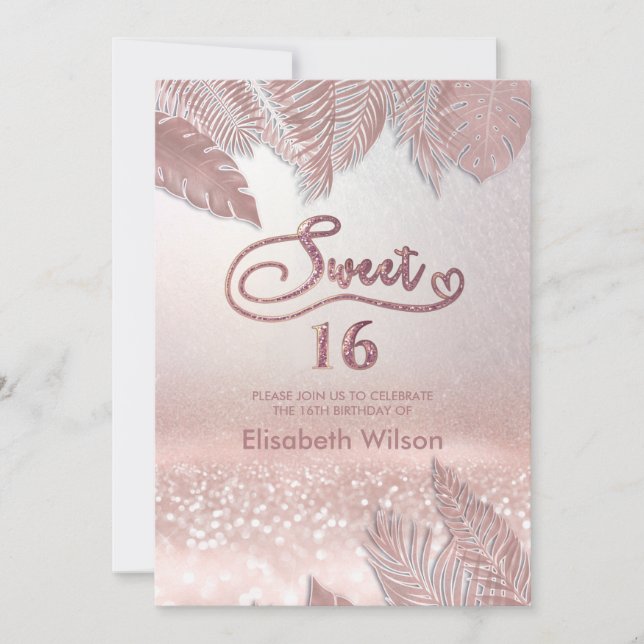 Invitation Tropical feuille chic tendance Rose glittery I (Devant)