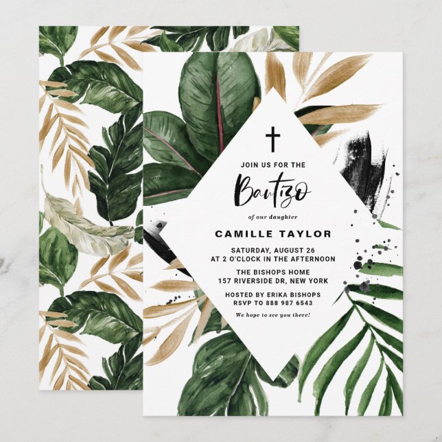 Invitation Tropical Feuille Faux Gold Foil Frame Bautizo (Devant / Derrière)