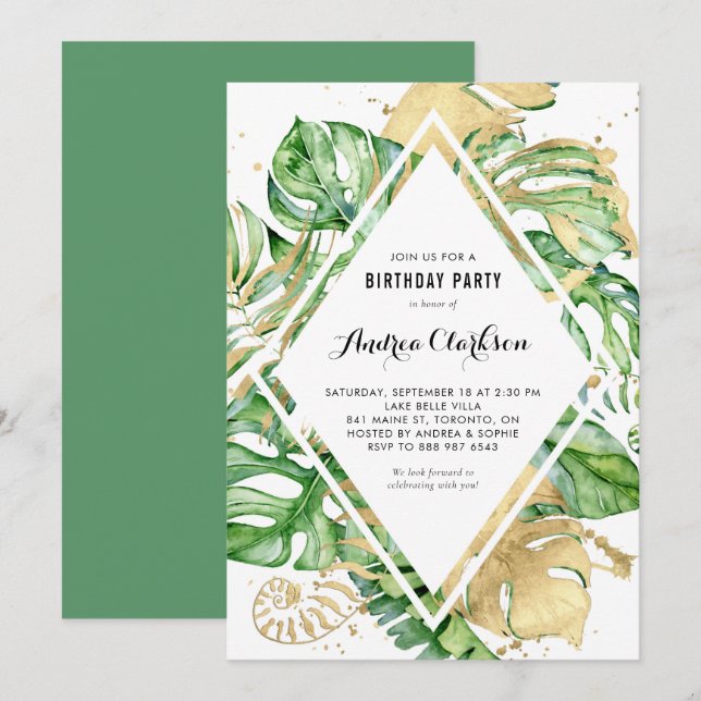 Invitation Tropical Feuille Gold Foil fête d'été (Devant / Derrière)