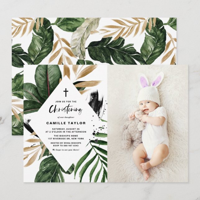 Invitation Tropical Feuille Gold Foil Frame Photo Christening (Devant / Derrière)