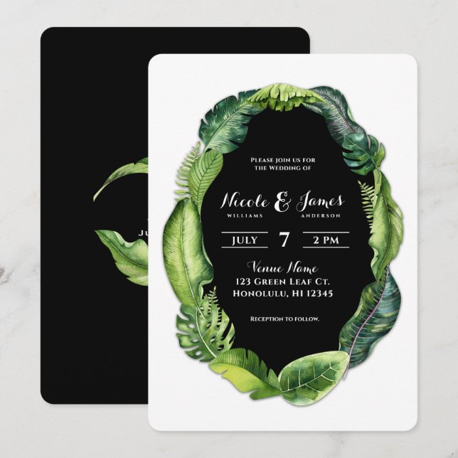 Invitation Tropical Feuille Green Classy Chic Mariage (Devant / Derrière)