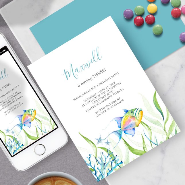 Invitation Tropical Fish 3ème anniversaire de fête aquarelle (3rd birthday party ideas tropical fish invitation watercolor art by Victoria Grigaliunas)