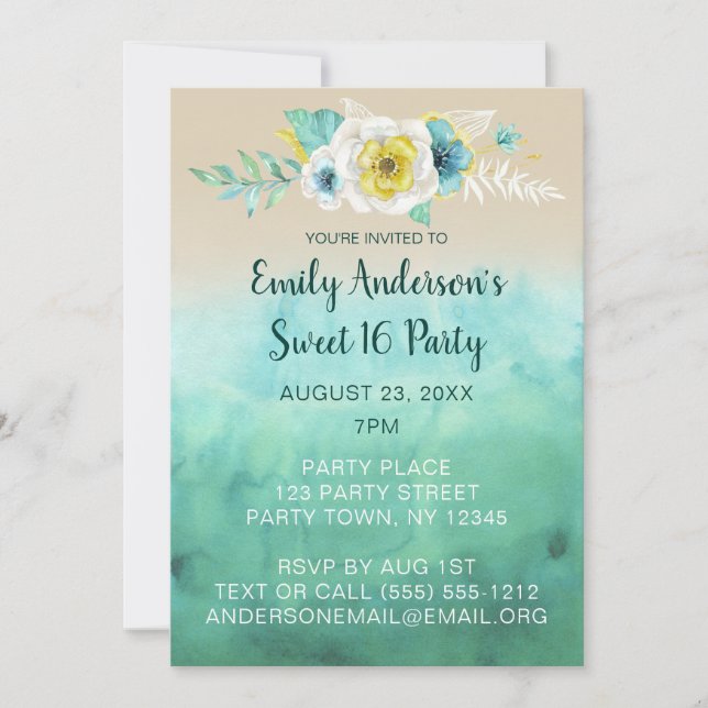 Invitation Tropical Floral Beach Thème Sweet 16 Anniversaire (Devant)