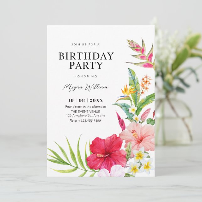 Invitation Tropical floral birthday (Debout devant)