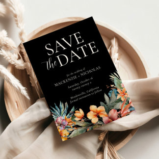 Invitation Tropical Floral Black Enregistrer la date