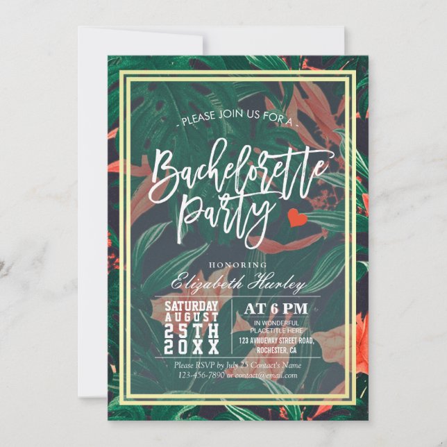 Invitation Tropical Floral Chic Gold Frame Bachelorette Party (Devant)