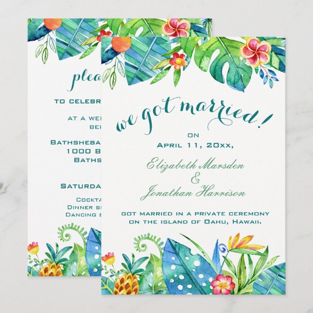 Invitation Tropical Floral Élégant Nous Avons Marié Réception (Devant / Derrière)