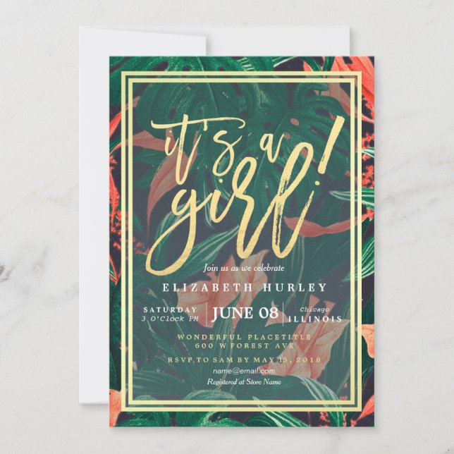 Invitation Tropical Floral Gold Frame Baby shower hawaïen (Devant)