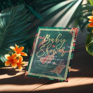 Invitation Tropical Floral Gold Frame Baby shower hawaïen
