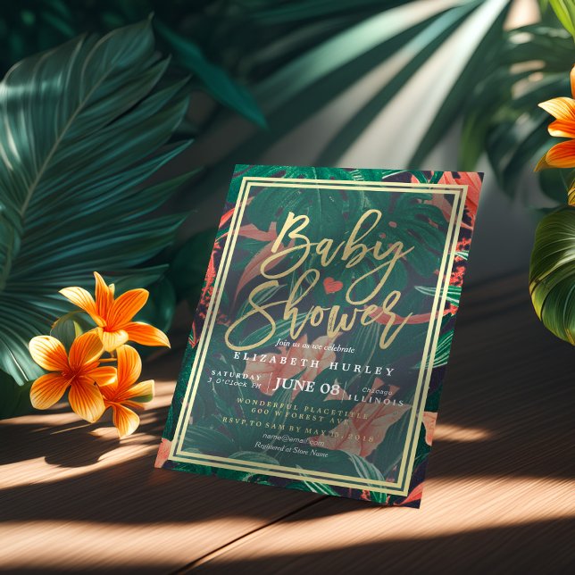 Invitation Tropical Floral Gold Frame Baby shower hawaïen (Créateur téléchargé)