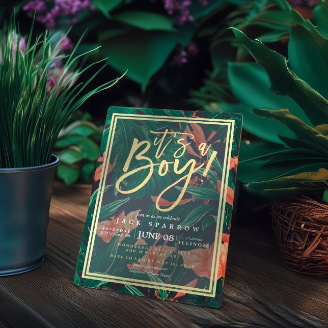 Invitation Tropical Floral Gold Frame Baby shower hawaïen (Créateur téléchargé)