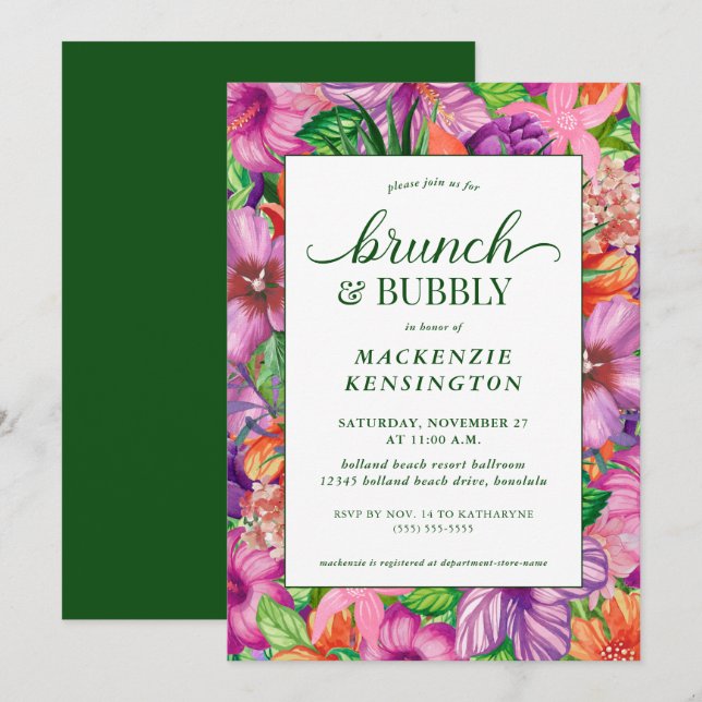 Invitation Tropical Floral Green Brunch Bubbly Douche (Devant / Derrière)