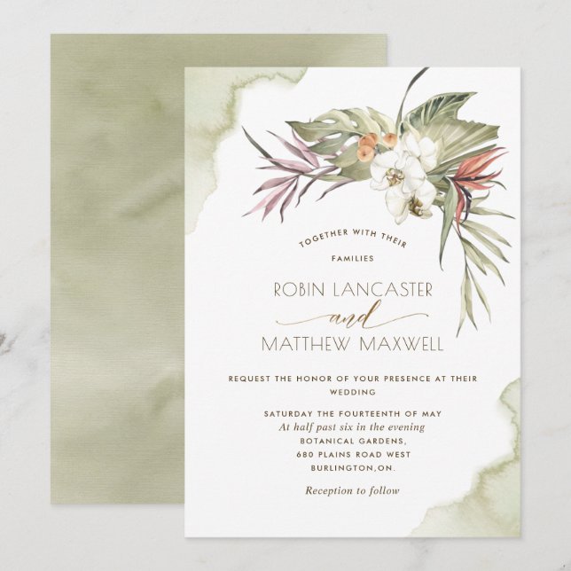 Invitation Tropical Floral Green Palm Feuille Mariage (Devant / Derrière)