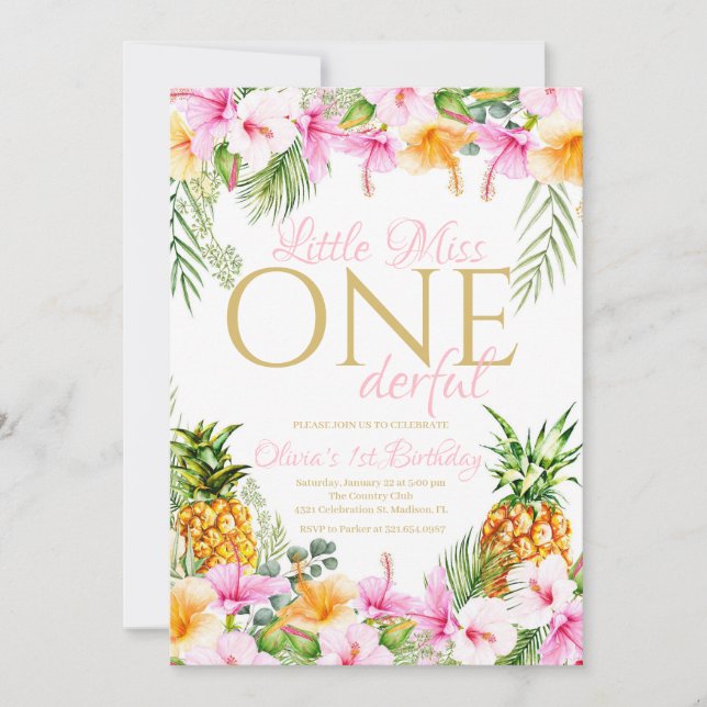 Invitation Tropical Floral Little Miss Onederday (Devant)