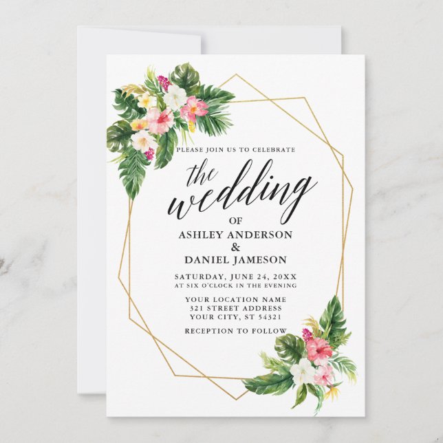 Invitation Tropical Floral Mariage Calligraphie Gold Geo Fram (Devant)