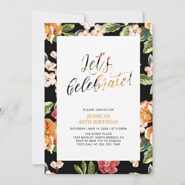 Invitation Tropical Floral Pattern Adulte 40e Anniversaire (Devant)