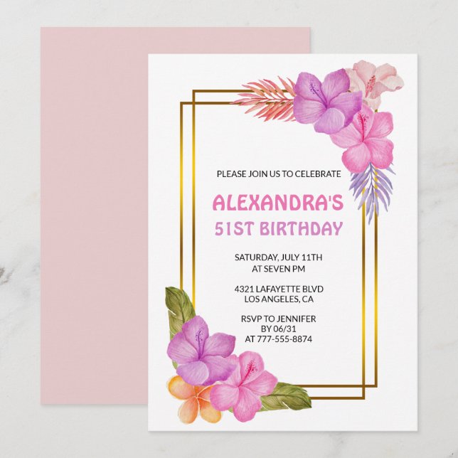 Invitation Tropical Floral Pink Luxe 51e anniversaire (Devant / Derrière)