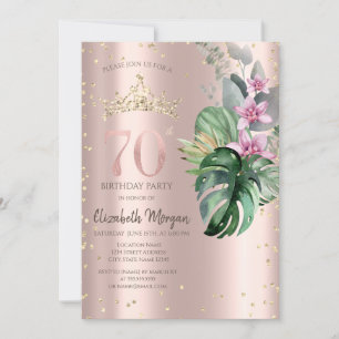 Invitation Tropical Flowers Diamonds Rose Or 70e anniversaire