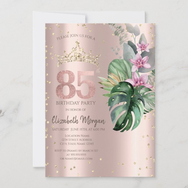 Invitation Tropical Flowers Diamonds Rose Or 85e anniversaire (Devant)